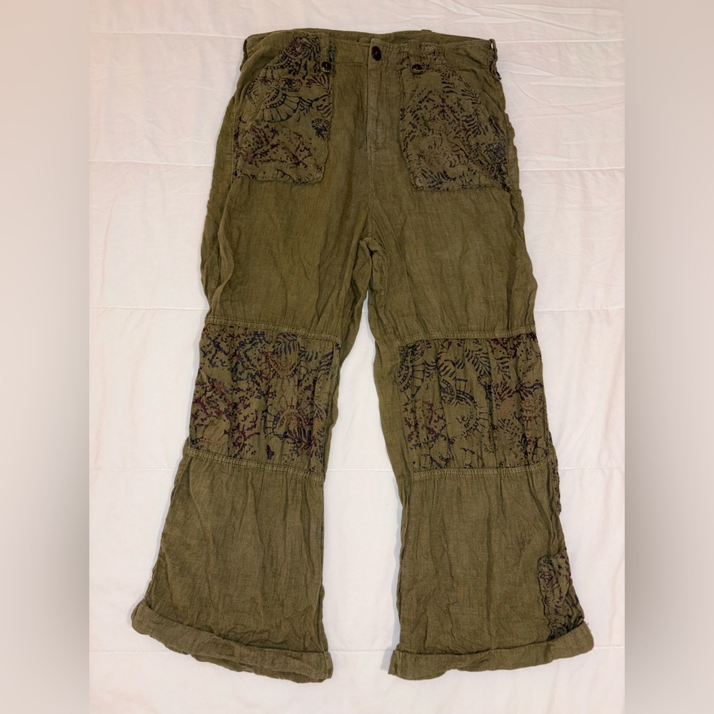 Free People Issa Cargo Pants Linen in Olive Green Bohemian Pattern - Size US 12 - Picture 2 of 16